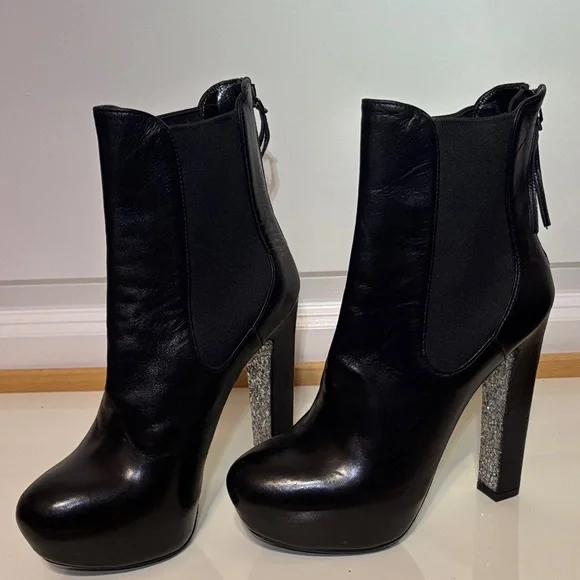 Miu Miu Black Leather Platform Ankle Boots with Glitter Block Heel - Picture 1 of 15